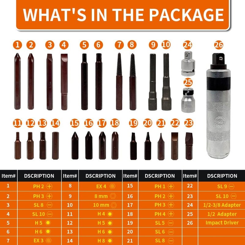 AKM Hand Manual Reversible Impact Driver Set Extractor-26 PCS Impact Screwdriver S2 Steel Hex Phillips Slotted Screwdriver Bits Much More Durable Disengage Rusted Fasteners or Frozen Bolts - Image 3